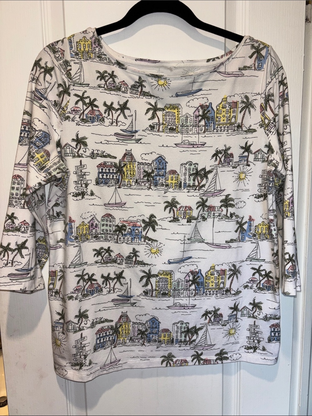 TALBOTS COTTON TOP WITH SEASIDE VILLAGE DESIGN SIZE OVERSIZED XL
3/4” SLEEVES